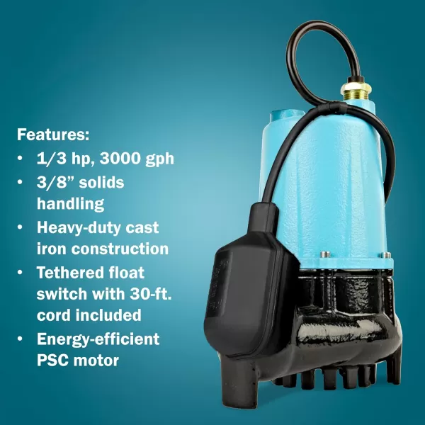 imageLittle Giant BSC33V 13 HP 115 Volt 3000 GPH Automatic Submersible Cast Iron SumpEffluent Pump with Piggyback Vertical Float Switch and 10Ft Cord Blue 506254506256