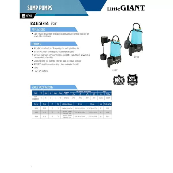 imageLittle Giant BSC33V 13 HP 115 Volt 3000 GPH Automatic Submersible Cast Iron SumpEffluent Pump with Piggyback Vertical Float Switch and 10Ft Cord Blue 506254506255