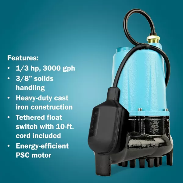 imageLittle Giant BSC33V 13 HP 115 Volt 3000 GPH Automatic Submersible Cast Iron SumpEffluent Pump with Piggyback Vertical Float Switch and 10Ft Cord Blue 506254506255