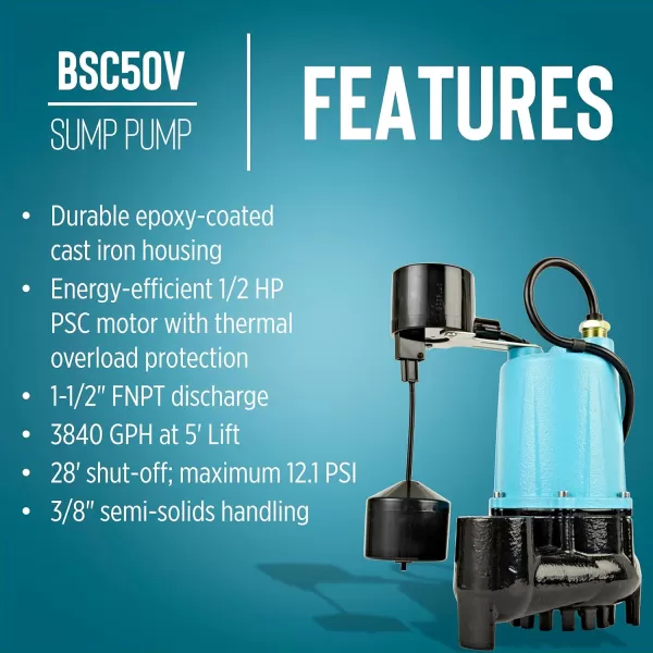 imageLittle Giant BSC33V 13 HP 115 Volt 3000 GPH Automatic Submersible Cast Iron SumpEffluent Pump with Piggyback Vertical Float Switch and 10Ft Cord Blue 506254511252