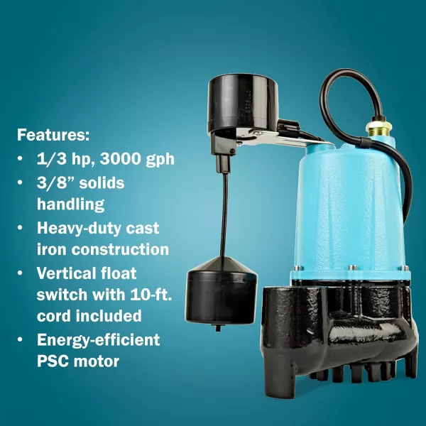 imageLittle Giant BSC33V 13 HP 115 Volt 3000 GPH Automatic Submersible Cast Iron SumpEffluent Pump with Piggyback Vertical Float Switch and 10Ft Cord Blue 506254506254