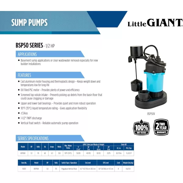 imageLittle Giant BSP50V 12 HP 115 Volt 3180 GPH Automatic Submersible Epoxy Coated Cast Aluminum Sump Pump with Piggyback Vertical Switch and 8Ft Cord Blue 511251