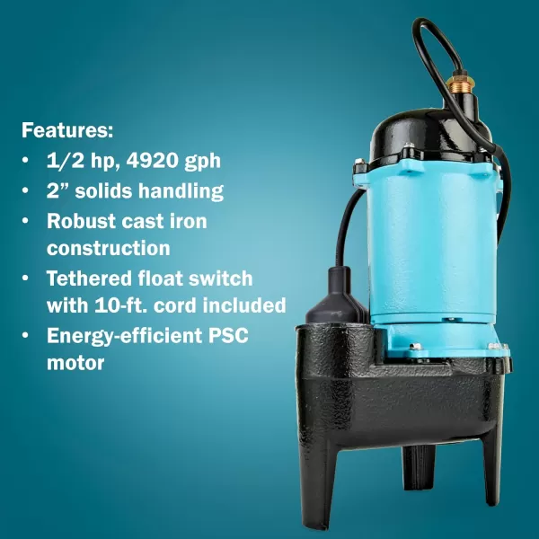 imageLittle Giant BSWC50T 12 HP 115 Volt 4920 GPH Automatic Submersible Cast Iron Sewage Pump with Tethered Float Switch and 10Ft Cord Blue 511256