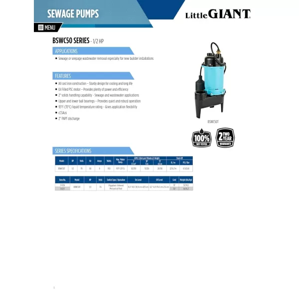 imageLittle Giant BSWC50T 12 HP 115 Volt 4920 GPH Automatic Submersible Cast Iron Sewage Pump with Tethered Float Switch and 10Ft Cord Blue 511256