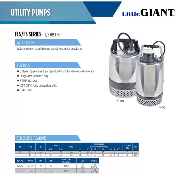 imageLittle Giant FS750 115Volt 4800 GPH 1 HP HeavyDuty Manual Stainless Steel Submersible Utility Pump with 20Ft Cord Steel 6202411 HP  4800 GPH