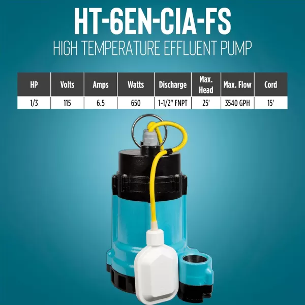 imageLittle Giant HT6ENCIASFS 115 Volt 13 HP 3540 GPH High Temperature Automatic Sump Utility Effluent Pump with Integral Mechanical Float Switch 15Ft Cord Blue 506602