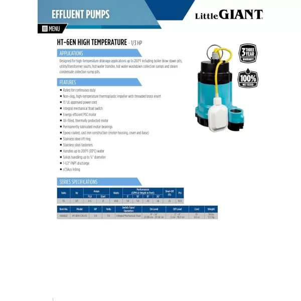 imageLittle Giant HT6ENCIASFS 115 Volt 13 HP 3540 GPH High Temperature Automatic Sump Utility Effluent Pump with Integral Mechanical Float Switch 15Ft Cord Blue 506602