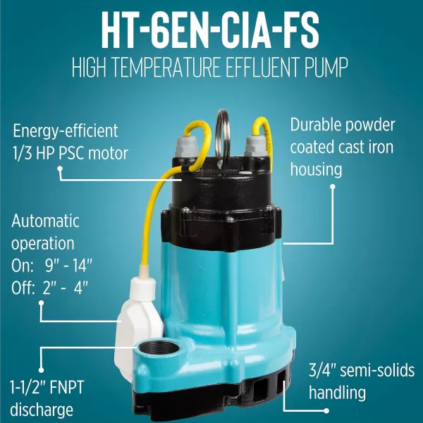 imageLittle Giant HT6ENCIASFS 115 Volt 13 HP 3540 GPH High Temperature Automatic Sump Utility Effluent Pump with Integral Mechanical Float Switch 15Ft Cord Blue 506602