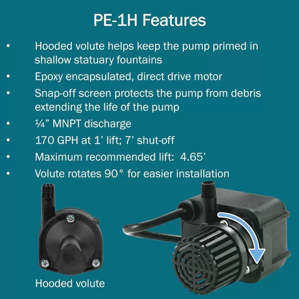 imageLittle Giant PE1H 115Volt 1125 HP 170 GPH Epoxy Encapsulated Small Submersible Direct Drive Pump with Hooded Volute 6 Ft Cord Black 518203Pump Only