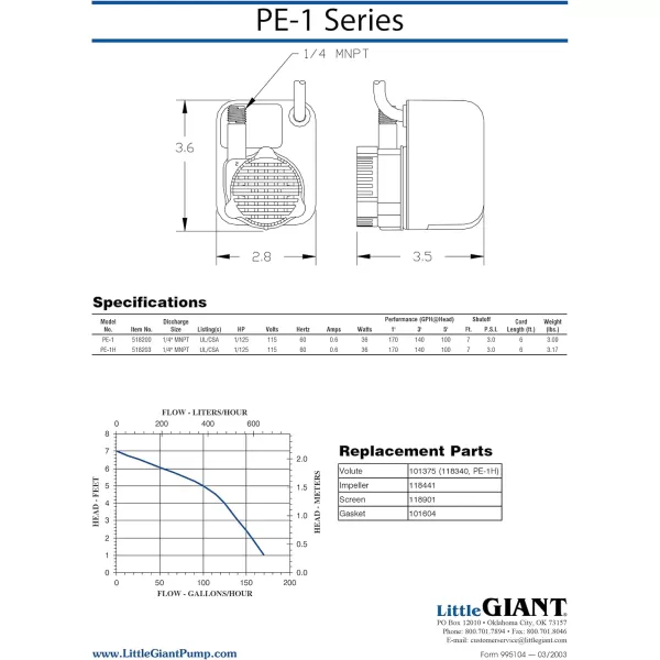 imageLittle Giant PE1H 115Volt 1125 HP 170 GPH Epoxy Encapsulated Small Submersible Direct Drive Pump with Hooded Volute 6 Ft Cord Black 518203Pump Only