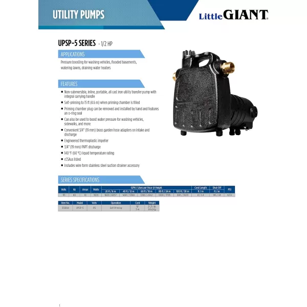 imageLittle Giant UPSP5 115Volt 1600 GPH 12 HP Manual NonSubmersible MultiPurpose Transfer Pump 10Ft Cord Black 555104