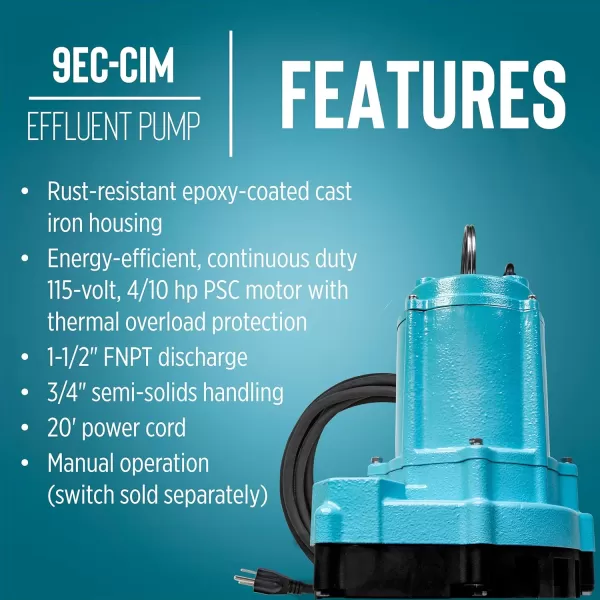 imageLittle Giant 9ECCIM 115Volt 410 HP 4200 GPH Manual Cast Iron SumpEffluent Pump with 10Ft Cord Blue 509806Manual  115V  20 cord