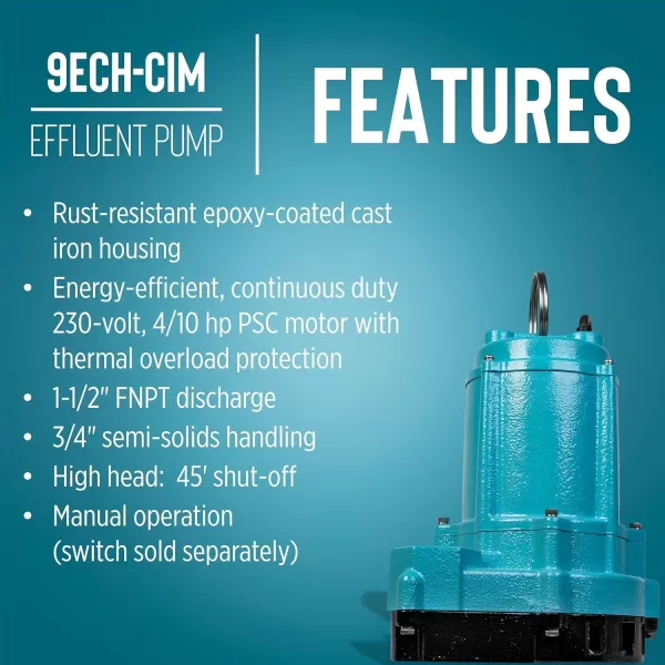 imageLittle Giant 9ECHCIM 115Volt 410 HP 4200 GPH Manual Submersible Cast Iron High Head Effluent Pump with 30Ft Cord Blue 509533