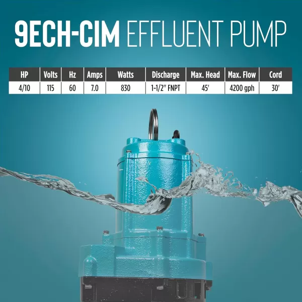 imageLittle Giant 9ECHCIM 115Volt 410 HP 4200 GPH Manual Submersible Cast Iron High Head Effluent Pump with 30Ft Cord Blue 509533