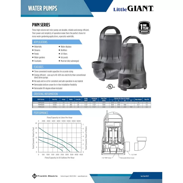 imageLittle Giant PWM2600 115Volt 2550 GPH Submersible Wet Rotor Waterfall Stream Pond Pump with 20Ft Cord Black 5172502550 GPH 155 Watts