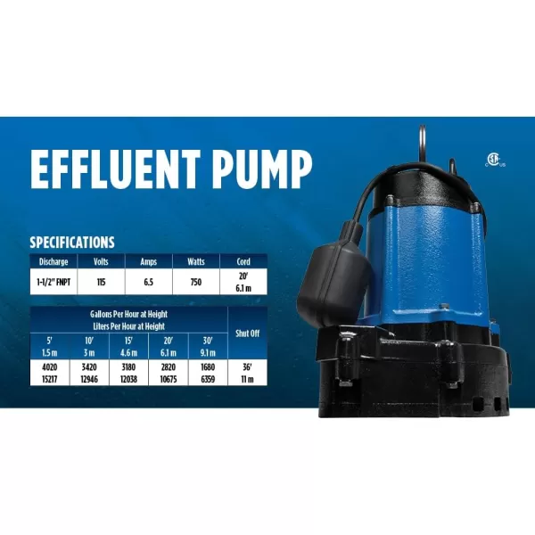 imageLittle Giant Select Series LGEFF50T 115 Volt 12 hp 4020 GPH Cast Iron Effluent Pump with Tethered Switch and 20Ft Cord Black 14942680