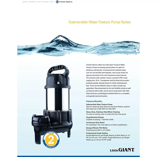 imageLittle Giant WGFP75 115 Volt 4890 GPH Stainless Steel And Cast Iron Water Feature Pump with 19Ft Cord Black 5660691 HP  6400 GPH