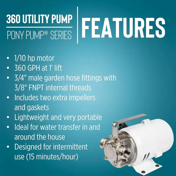 imageLittle Giant 360 115V 360 GPH 110 HP Plated Brass NonSubmersible MultiPurpose Utility Water Transfer Pony Pump with 6Ft Cord White 555112