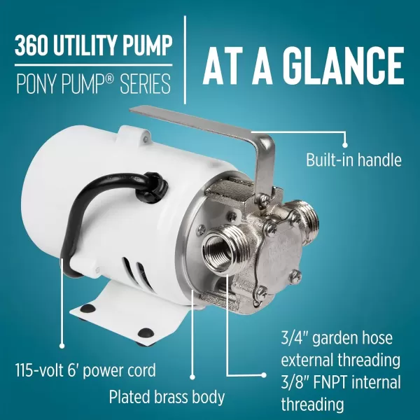 imageLittle Giant 360 115V 360 GPH 110 HP Plated Brass NonSubmersible MultiPurpose Utility Water Transfer Pony Pump with 6Ft Cord White 555112