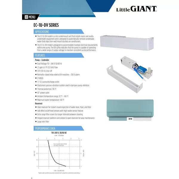 imageLittle Giant EC1UDV 110240 Volts 5060 Hz 25 GPH Automatic Undermount MiniSplit Condensate Pump System 49Ft Cord with Lead Wires White 553527