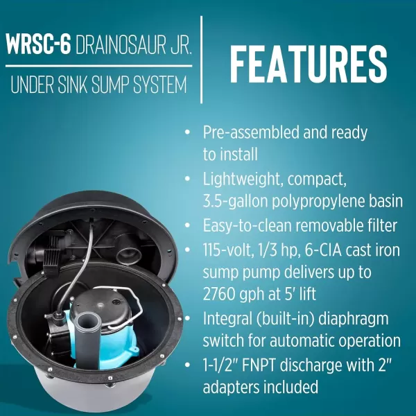 imageLittle Giant WRSC6 115Volt 13 HP 2760 GPH Compact Under Sink Drainosaur Automatic Sump PumpBasin System BlackBlue 506065 ampamp Studor 20341 MiniVent Air Admittance Valve with PVC Adapter15