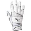 imageMizuno B303 Baseball Batting Gloves  Pair  Adult and Youth  Full Grain Leather Palm  AirMesh Inserts  QuikAdjust Wrist TabWhiteSilver