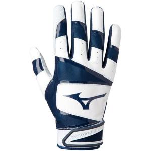 imageMizuno B303 Baseball Batting Gloves  Pair  Adult and Youth  Full Grain Leather Palm  AirMesh Inserts  QuikAdjust Wrist TabWhiteNavy