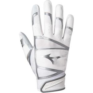 imageMizuno B303 Baseball Batting Gloves  Pair  Adult and Youth  Full Grain Leather Palm  AirMesh Inserts  QuikAdjust Wrist TabWhiteSilver