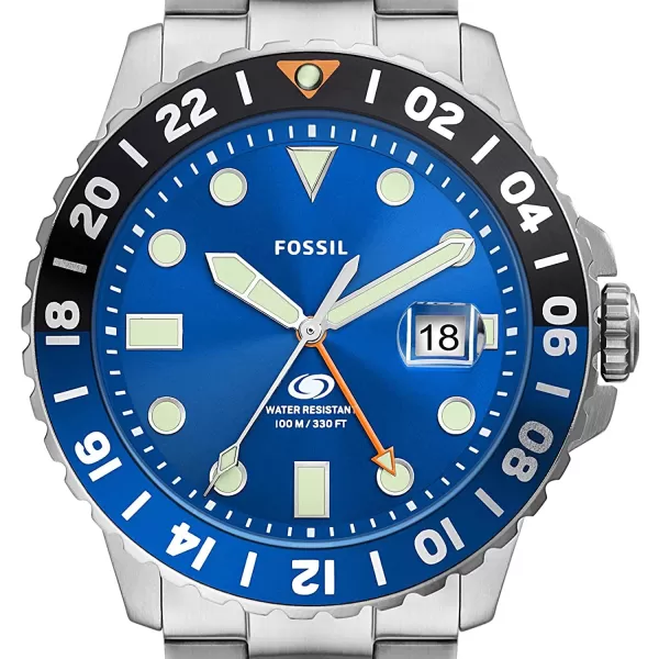 imageFossil Mens Blue Quartz Stainless Steel DiveInspired Casual WatchSilverBlue GMT