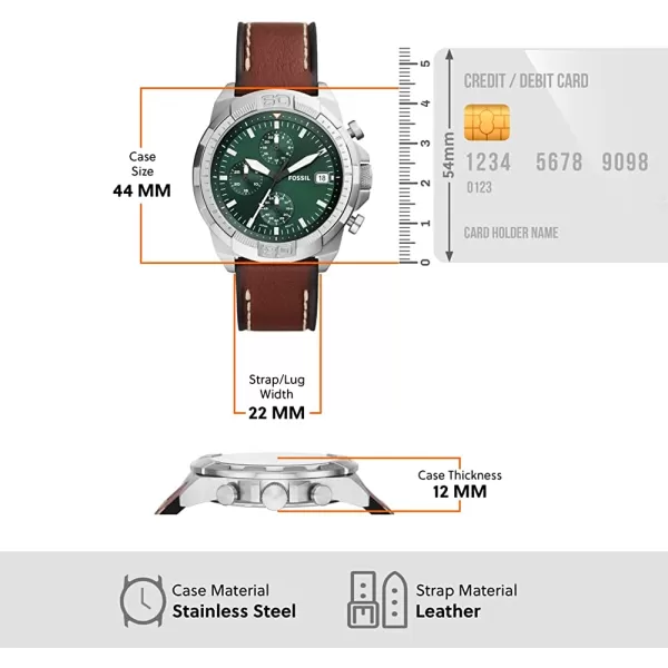 imageFossil Mens Bronson Quartz Casual Watch with Stainless Steel or Leather BandSilverGreen Dial