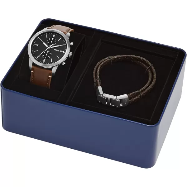 imageFossil Mens Townsman Stainless Steel and Leather Casual Quartz Chronograph WatchSilverBrown Bracelet Gift Set