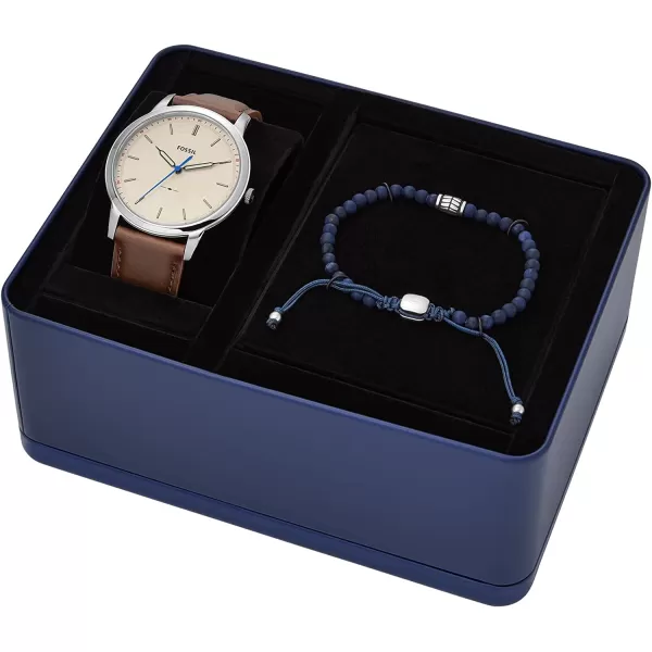 imageFossil Minimalist Mens Watch with Leather or Stainless Steel Band Chronograph or Analog Watch Display with Slim Case DesignSilverBrown Blue Bracelet Set