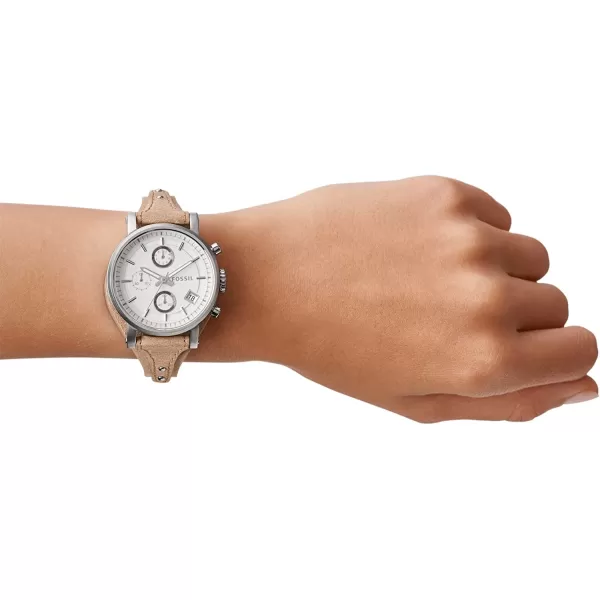 imageFossil Original Boyfriend Womens Watch with Chronograph Display and Genuine Leather Cuff BandSilver Tan