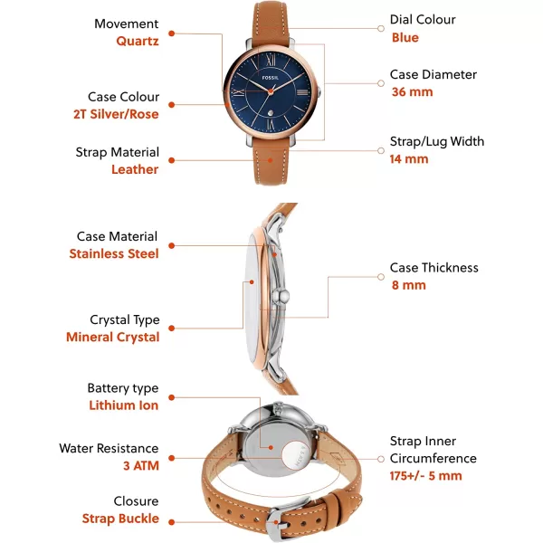 imageFossil Womens Jacqueline Quartz Stainless Steel and Leather WatchRose GoldBlue Luggage