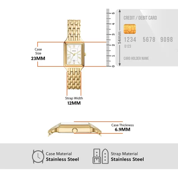 imageFossil Womens Raquel Quartz Rectangular Watch with Stainless Steel or Leather StrapGold