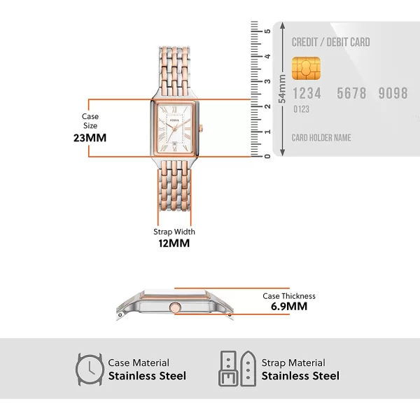 imageFossil Womens Raquel Quartz Rectangular Watch with Stainless Steel or Leather StrapRose GoldSilver