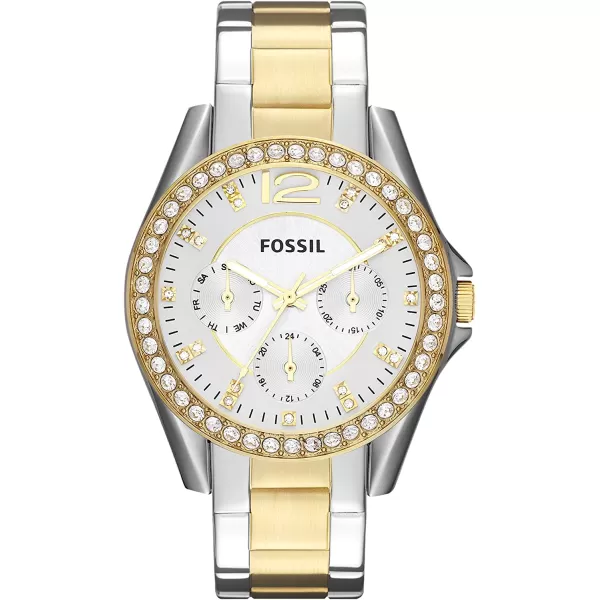 imageFossil Womens Riley Stainless Steel CrystalAccented Multifunction Quartz WatchGoldSilver  Necklace