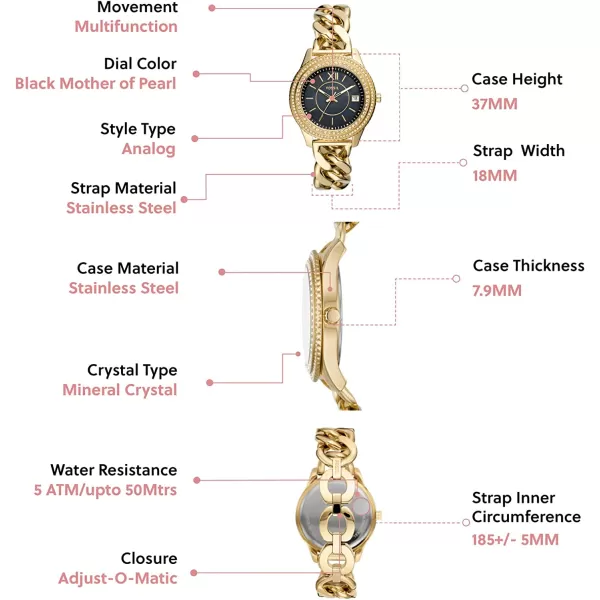 imageFossil Womens Stella Stainless Steel CrystalAccented Multifunction Quartz WatchGold Chain