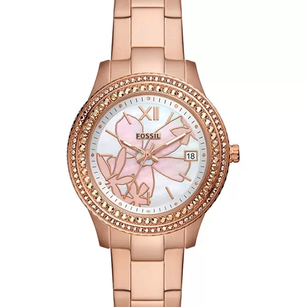 imageFossil Womens Stella Stainless Steel CrystalAccented Multifunction Quartz WatchRose Gold Floral