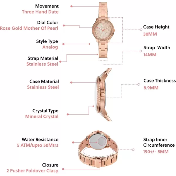 imageFossil Womens Stella Stainless Steel CrystalAccented Multifunction Quartz WatchRose Gold Mini