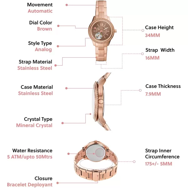 imageFossil Womens Stella Stainless Steel CrystalAccented Multifunction Quartz WatchRose GoldCaramel Auto