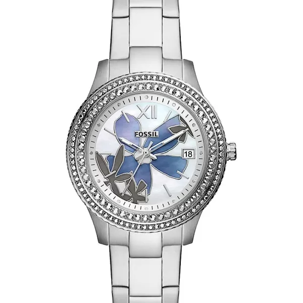 imageFossil Womens Stella Stainless Steel CrystalAccented Multifunction Quartz WatchSilverBlue Floral