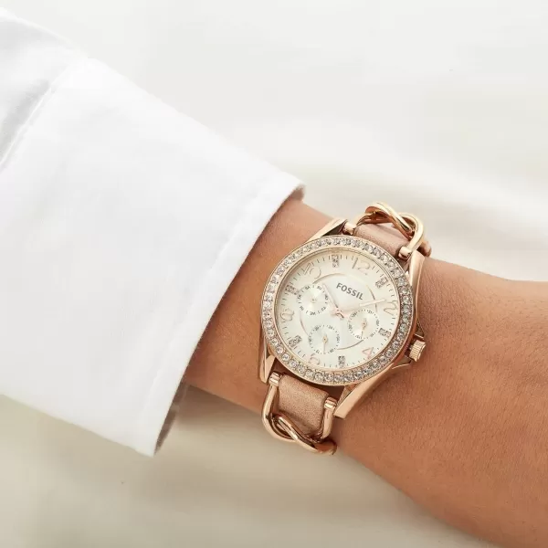 imageWomens  Rose Gold Tan Fossil Riley Stainless Steel CrystalAccented Multifunction Quartz Watch