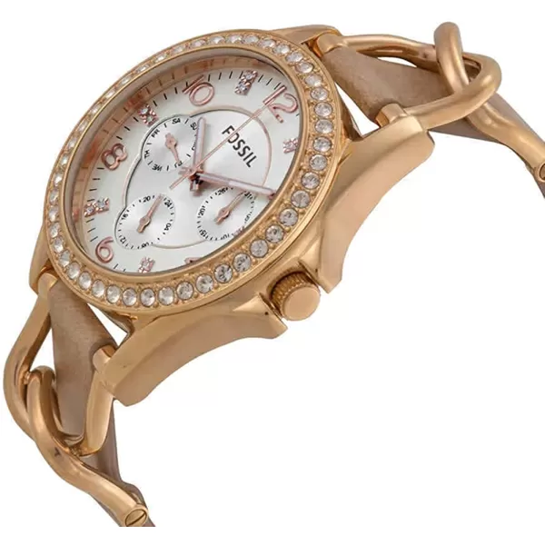 imageWomens  Rose Gold Tan Fossil Riley Stainless Steel CrystalAccented Multifunction Quartz Watch