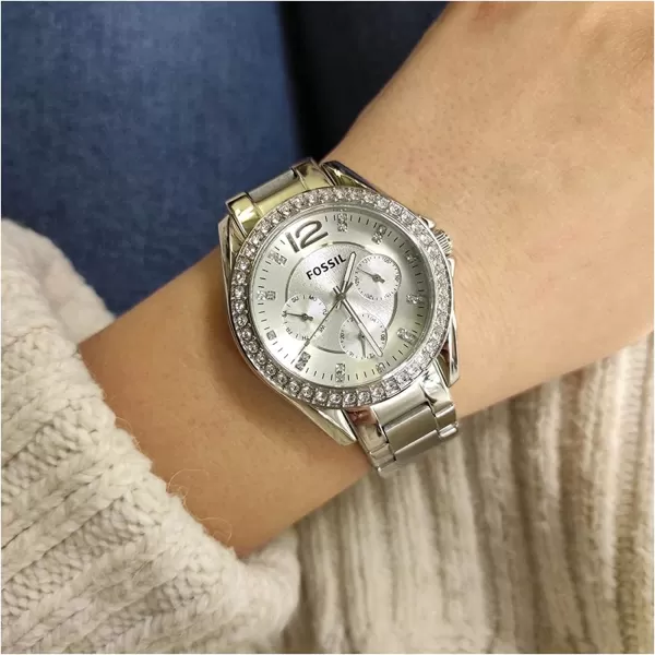 imageWomens  Silver Fossil Riley Stainless Steel CrystalAccented Multifunction Quartz Watch