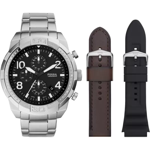 imageFossil Bronson Mens Watch with Stainless Steel Bracelet or Genuine Leather Band Chronograph or ThreeHand Analog DisplaySilverBlackBrown Gift Set