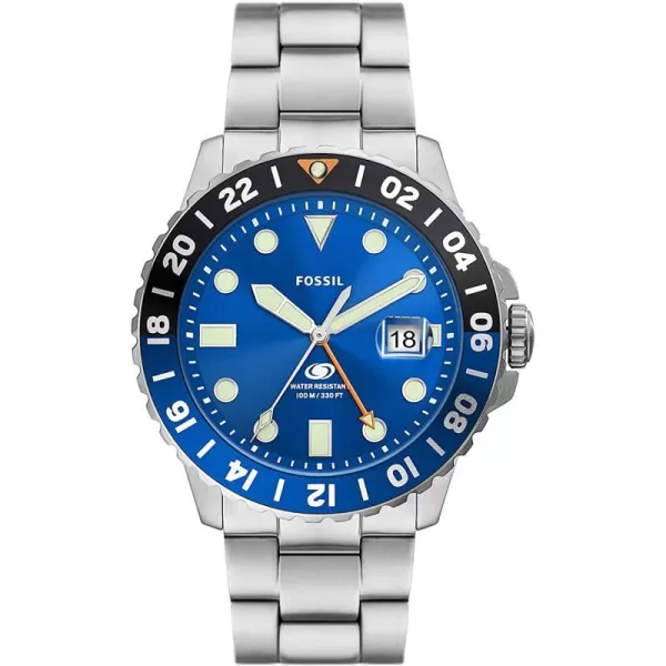 imageFossil Mens Blue Quartz Stainless Steel DiveInspired Casual WatchSilverBlue GMT