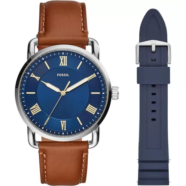 imageFossil Mens Copeland Stainless Steel and Leather Casual Quartz WatchBrown Leather  Blue Silicone