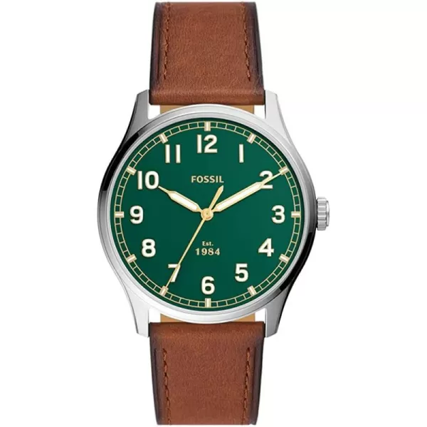 imageFossil Mens Dayliner Stainless Steel and Leather Slim Minimalist Quartz WatchSilverGreenBrown