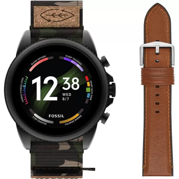 imageFossil Mens Gen 6 44mm Touchscreen Smart Watch with Alexa BuiltIn Fitness Tracker Sleep Tracker Heart Rate Monitor GPS Speaker Music Control Smartphone NotificationsCamo  Brown Leather